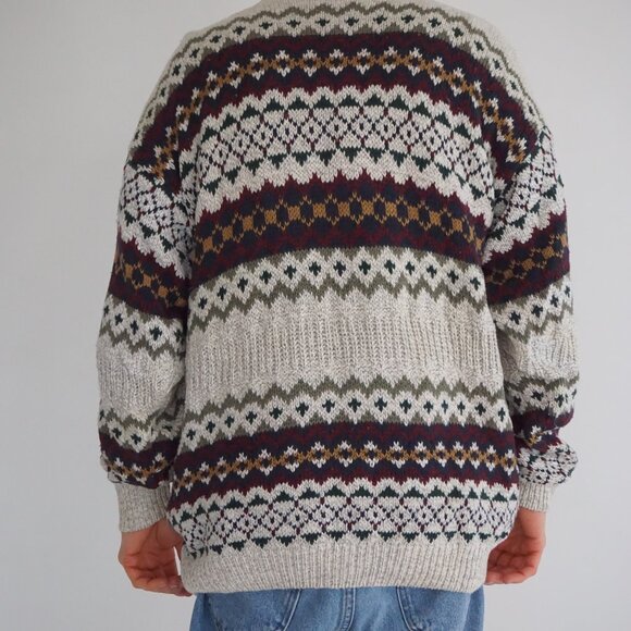 Vintage Robert Stock Cotton Fair Isle Sweater Cream Cabincore Old Money XL - Picture 2 of 10